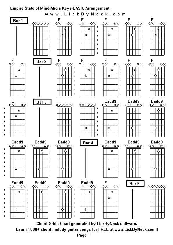 Chord Grids Chart of chord melody fingerstyle guitar song-Empire State of Mind-Alicia Keys-BASIC Arrangement,generated by LickByNeck software.